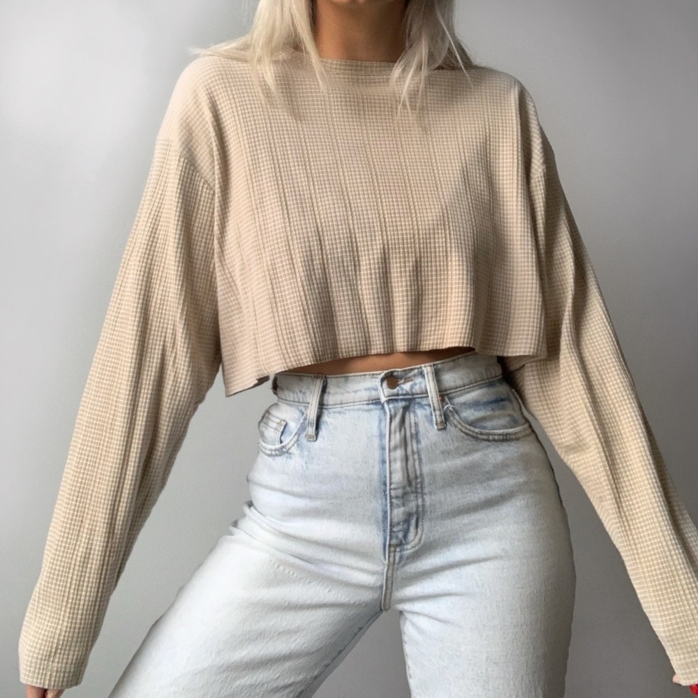 VINTAGE | Oversized Waffle Baggy Thermal Crewneck Long Sleeve Crop Top